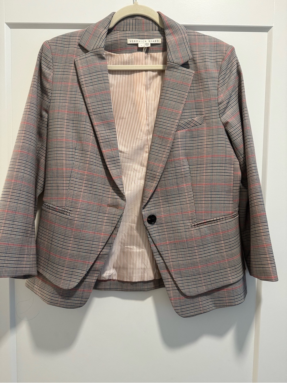 Veronica Beard Pink and Gray Glen Plaid Single-Button Blazer